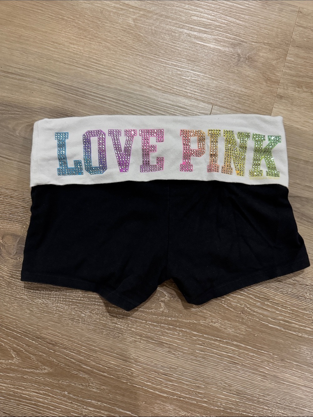 PINK Victoria's Secret Black Foldover Shorts with Rainbow LOVE PINK